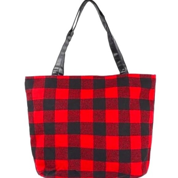 NWT Buffalo Red Flannel Leather Plaid Tote Shoulder Travel Shopping Bag Black